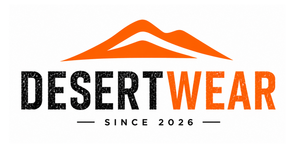 A logo-style graphic with an orange mountain silhouette above the text 'DESERTWEAR' in black and orange, and smaller text 'SINCE 2026' below on a white background.