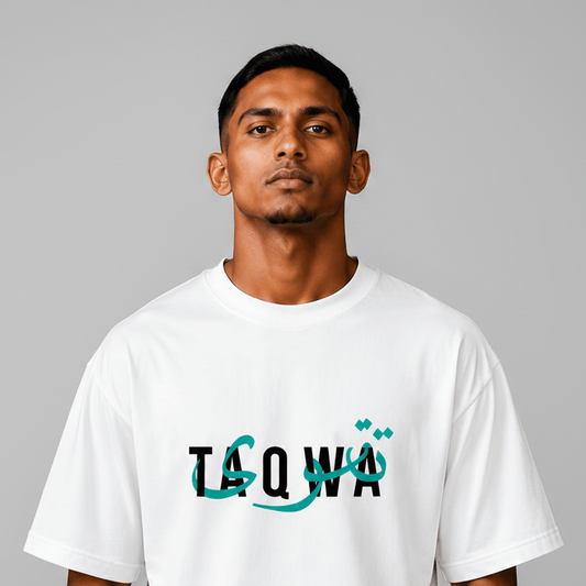 Taqwa Islamic Calligraphy Oversized T-Shirt for Men | White | 240 GSM French Terry | Desertwear India - Desertwear.in